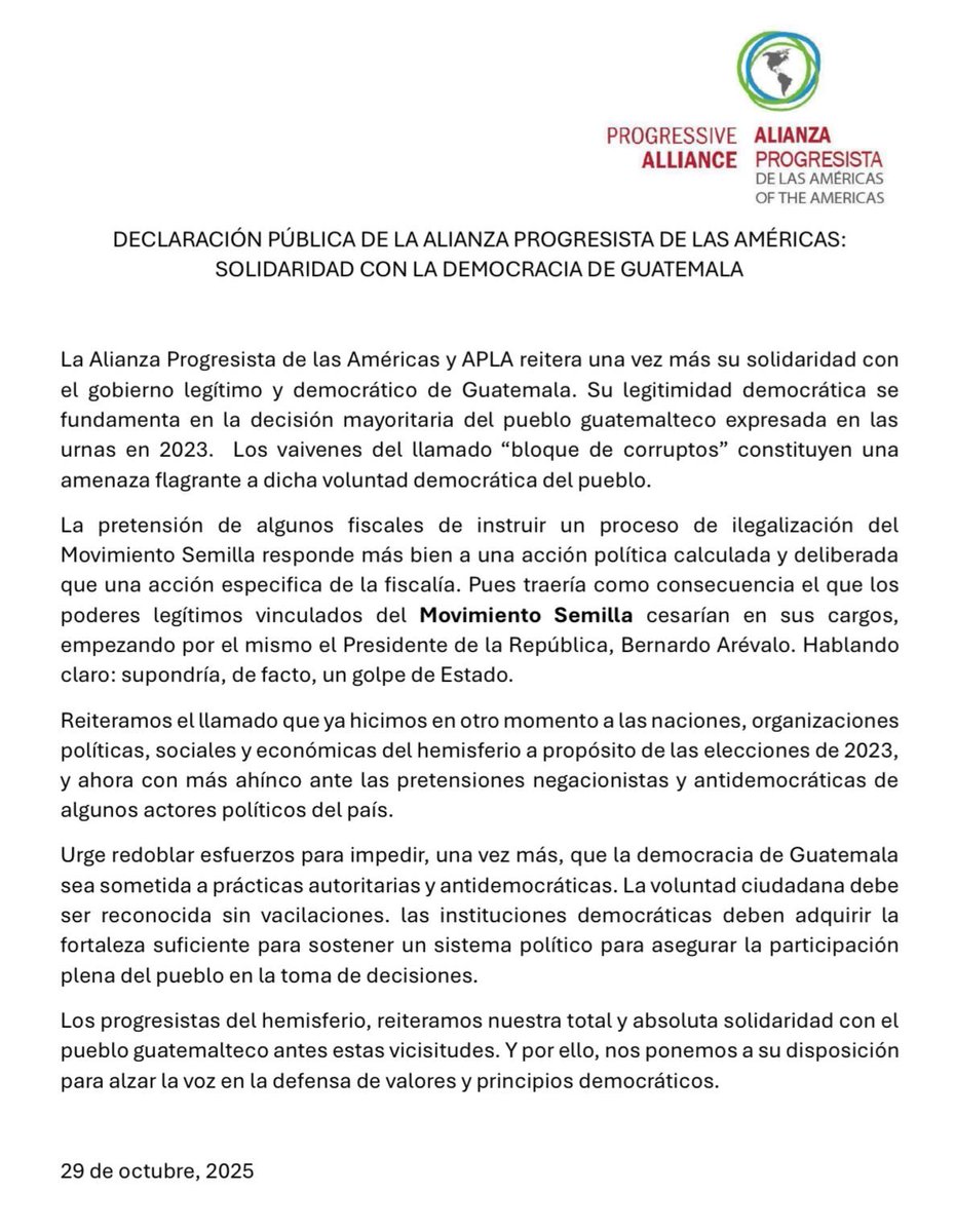 Como Fundación social de la Alianza Progresista Global <a href="/PA_Solidarity/">Progressive Alliance</a> y de la Alianza Progresista de las Américas <a href="/APLAProgresista/">ProgresistasDeLasAmericas</a> reiteramos nuestro apoyo al Presidente <a href="/BArevalodeLeon/">Bernardo Arévalo</a> y a la sociedad de #Guatemala estamos por su defensa de la democracia y gobernanza