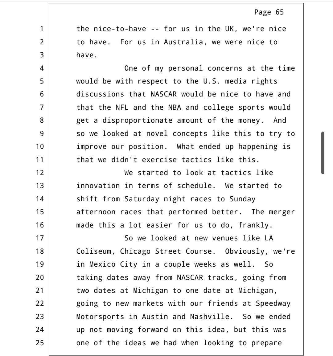 NASCAR EVP and Chief Media &amp; Revenue Officer Brian Herbst explored a scenario in May 2019 where NASCAR and IndyCar could try to package their TV deals together to maximize revenue 

It 'never got off the ground,' Herbst says
