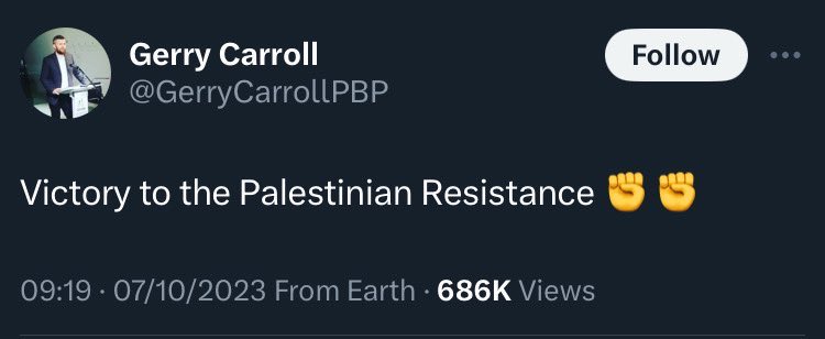 <a href="/GerryCarrollPBP/">Gerry Carroll</a> On the morning of October 7th as news was breaking about the mass slaughter of innocent people and the rape of young girls you tweeted that it was a “victory”.

You are sick in the head and have no right to be criticising anyone!