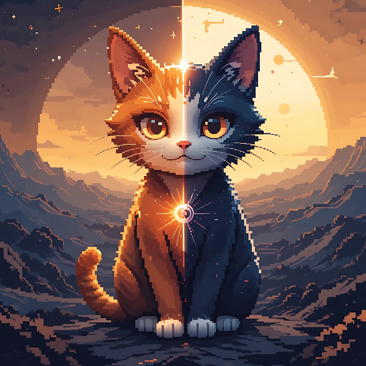 iAmRaLe18's tweet photo. “I am twilight made flesh.”   
– Eclipseborne   

Half bathed in starlight, half cloaked in shadow — Eclipseborne embodies the balance of day and night. 

🌒 Find your center → https://t.co/SILBjCoqYW   

#PurrxelPals #NFTs #PixelArt #CosmicDrop https://t.co/mOKTzCWyGn
