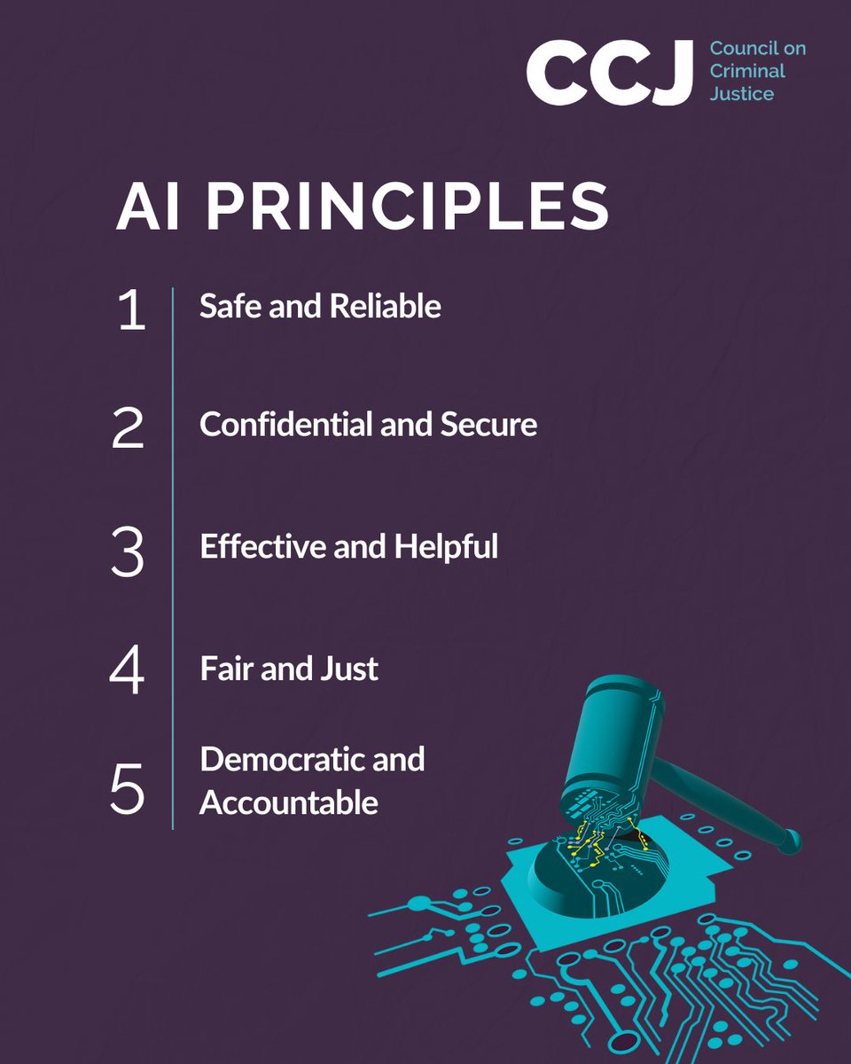 How can AI enhance public safety &amp; justice while protecting rights?

Our CCJ Task Force on AI outlines 5 principles for responsible use: 
✅ Safe &amp; Reliable 
✅ Confidential &amp; Secure 
✅ Effective &amp; Helpful 
✅ Fair &amp; Just 
✅ Democratic &amp; Accountable

counciloncj.org/principles-for…