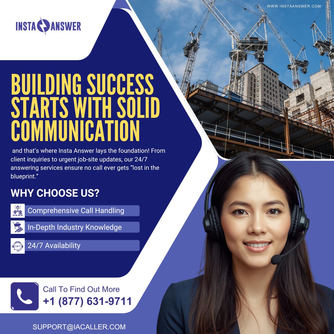 Insta_Answer's tweet image. At Insta Answer, we lay the foundation for better client communication so you can focus on what you do best: creating, constructing, and completing amazing projects.

Call (877) 631-9711 or email support@iacaller.com today.

#Construction #CSR #InstaAnswer #ConstructionLife