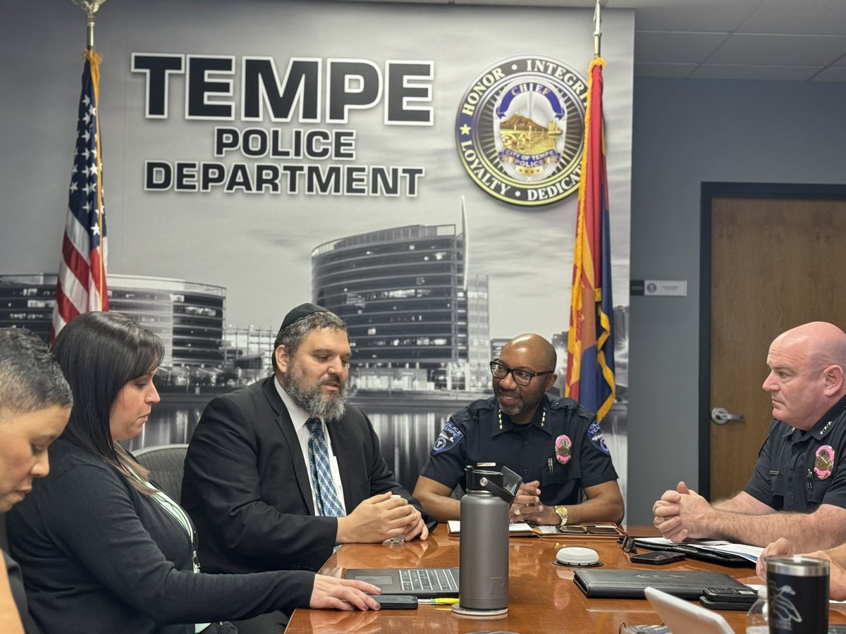Grateful for the opportunity to connect with Rabbi Shmuel Tiechtel during our <a href="/TempePolice/">Tempe Police Department</a> command staff meeting today.

He shared a powerful message about the vital role of police in protecting our communities and the strong relationship we’ve built together here in Tempe. His