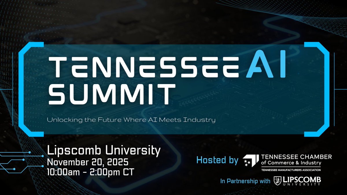 On November 20, 2025, the Tennessee Chamber of Commerce, in partnership with <a href="/lipscomb/">Lipscomb University</a>, will host a gathering of business leaders, technology experts, and policymakers to explore how AI is reshaping the economy and workforce. 

RSVP: tnchamber.chambermaster.com/events/details…
