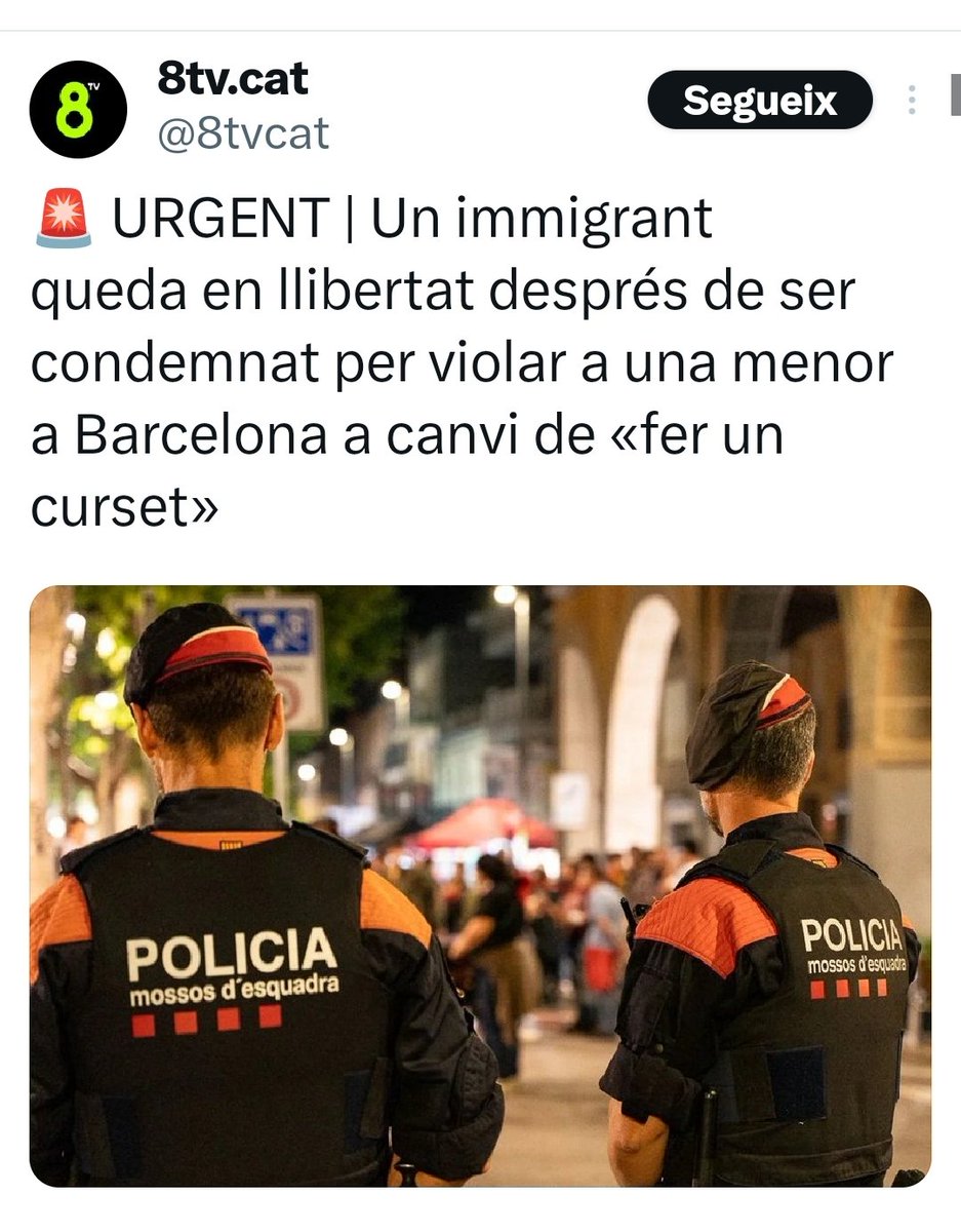 Mentre q condemnen a 2 anys de presó a un tuiter jutjat per piular contra la família del 25% del castellà , un violador es posat en llibertat a canvi de fer un curset !!
Aquesta és la Catalunya que volem ??
Si no ens revoltem ara, potser q caigui ja el meteorit.