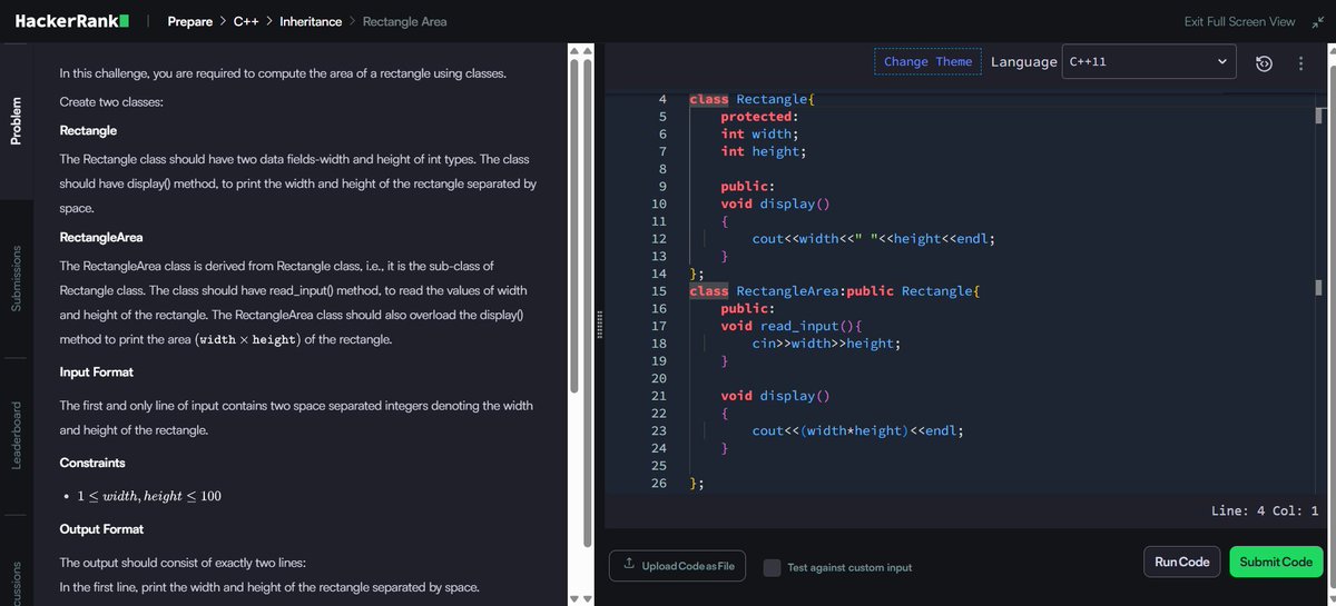 nivedita_s0001's tweet image. #Day28 of #150DaysLevelUp with @siamjuit 
Problem: Rectangle Area
->Created 2 classes first-Rectangle to input width and height and second-RectangleArea derived class to calculate area and display it.
#hackerrank #Coding #programmingbasics #daily