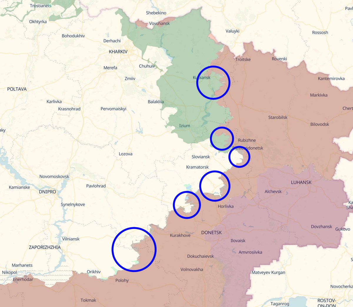 Doing another one of these big picture updates for people who haven't been paying attention and don't have their bearings. Here's a map with the most active sectors of the front circled. From north to south:

• Kupyansk: Most of the city is under Russian control. A potentially