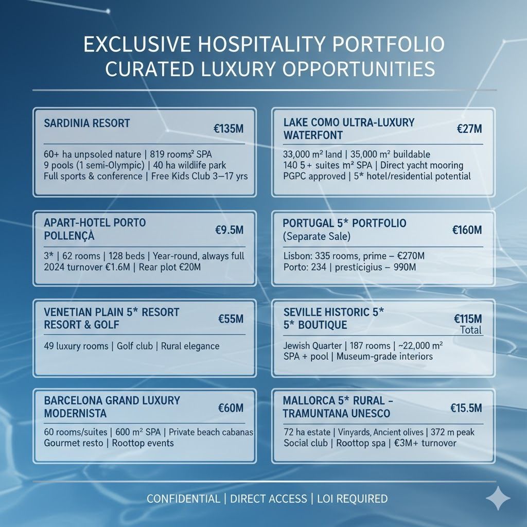 EXCLUSIVE LUXURY PORTFOLIO ALERT! 🌍
Prime 5* resorts &amp; investment gems across Sardinia, Como, Seville, Lisbon, Barcelona, Venice. Off-market European hospitality assets.
Confidential | Direct Access | LOI Req. See IG/LI
#BeckoProperties #LuxuryInvestments #HospitalityPortfolio