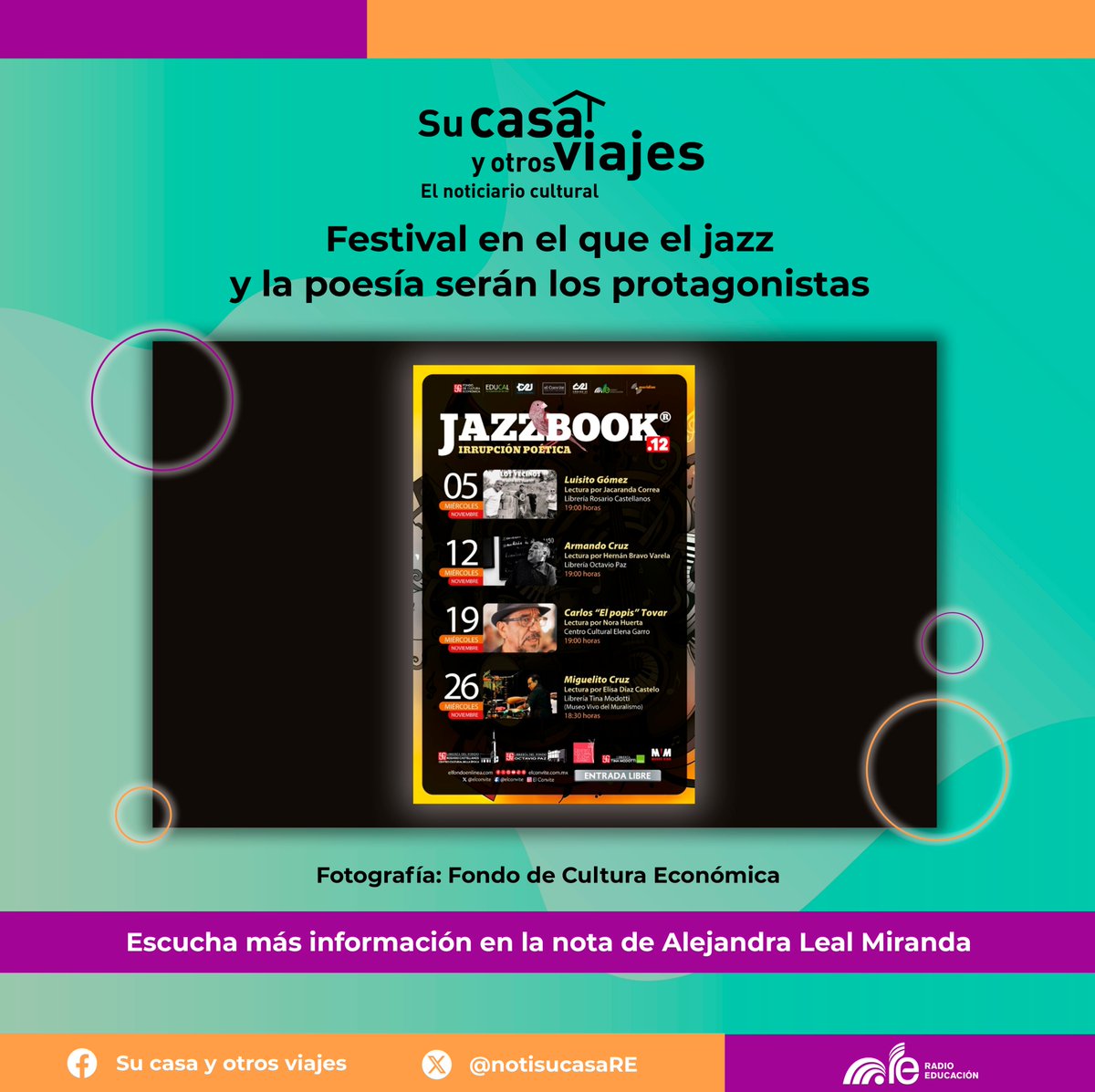🎷El Festival Jazzbook.12. Irrupción poética, esfuerzo iniciado por <a href="/elconvite/">El Convite®</a>, se llevará a cabo 5, 12, 19 y 26 de noviembre. En este encuentro el jazz y la poesía serán los protagonistas 📜

Escucha la nota de Alejandra Leal para #SuCasaYOtrosViajes ⬇️

e-radio.edu.mx/Su-casa-y-otro…
