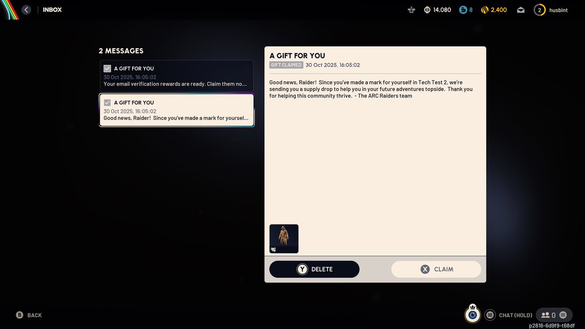 hey raider! there’s a gift in your inbox for playing tech test 2 — don’t forget to claim it ✌️