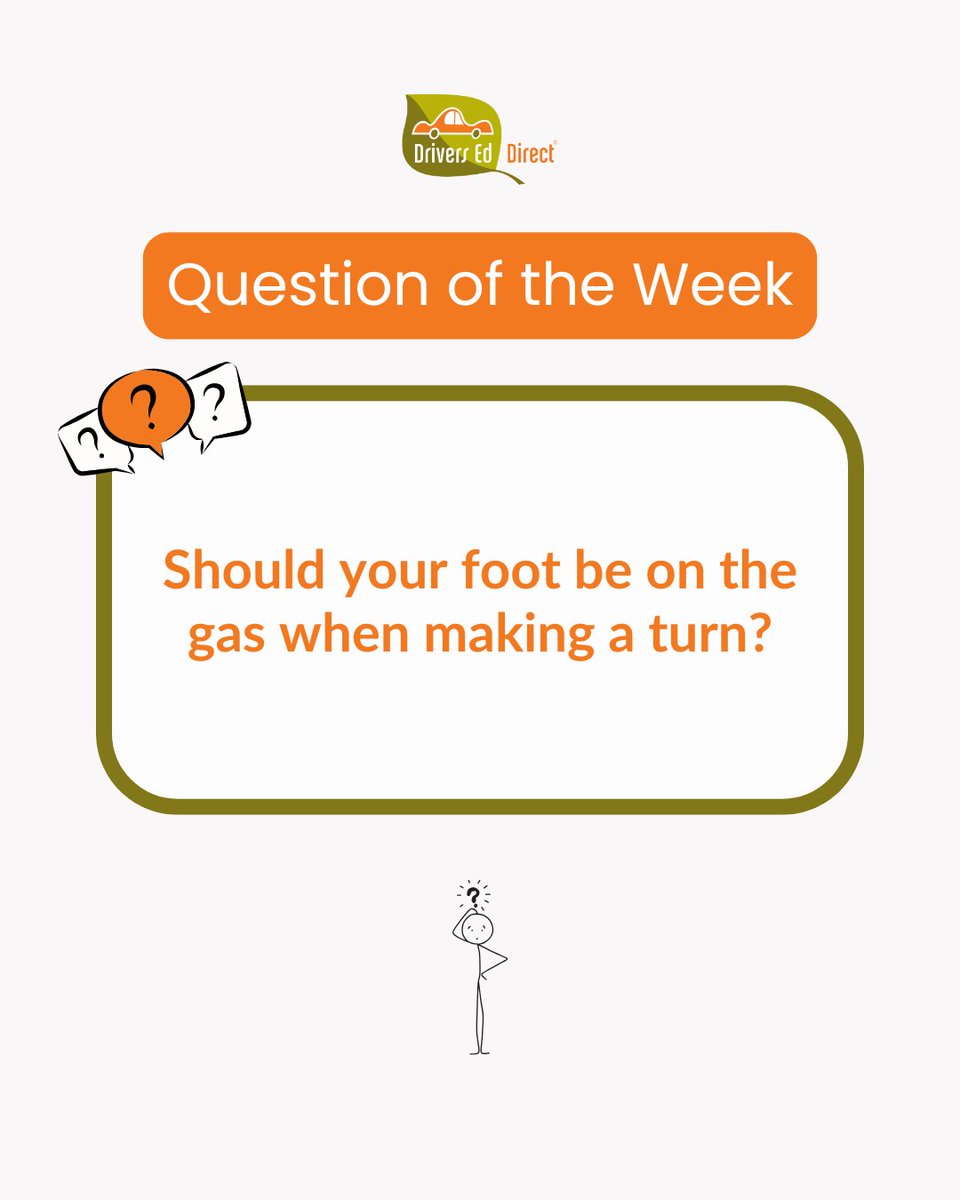 DriversEdDirect's tweet image. ❓ Question of the Week ❓
Should your foot be on the gas when making a turn?

When turning, take your foot off the gas as you go into the turn.
Keep your foot hovering and then gently accelerate as you exit the turn.

#DriversEdDirect #DrivingTips #DrivingSchool #NewDriver