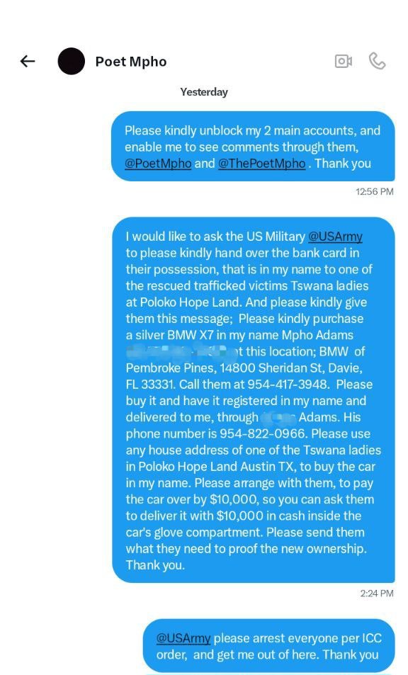 PoetMpho's tweet photo. Sisters please lawyer up and get this this done today. I don't seem to be getting anywhere on my end. Please kindly ask the @USArmy to hand over to you, the bank card in my name from Elon @elonmusk and I's Wells Fargo joint bank account. Please also find out who needs to get fired or sued in order to put some money through at Capital One @CapitalOne, at least $5000 for now.