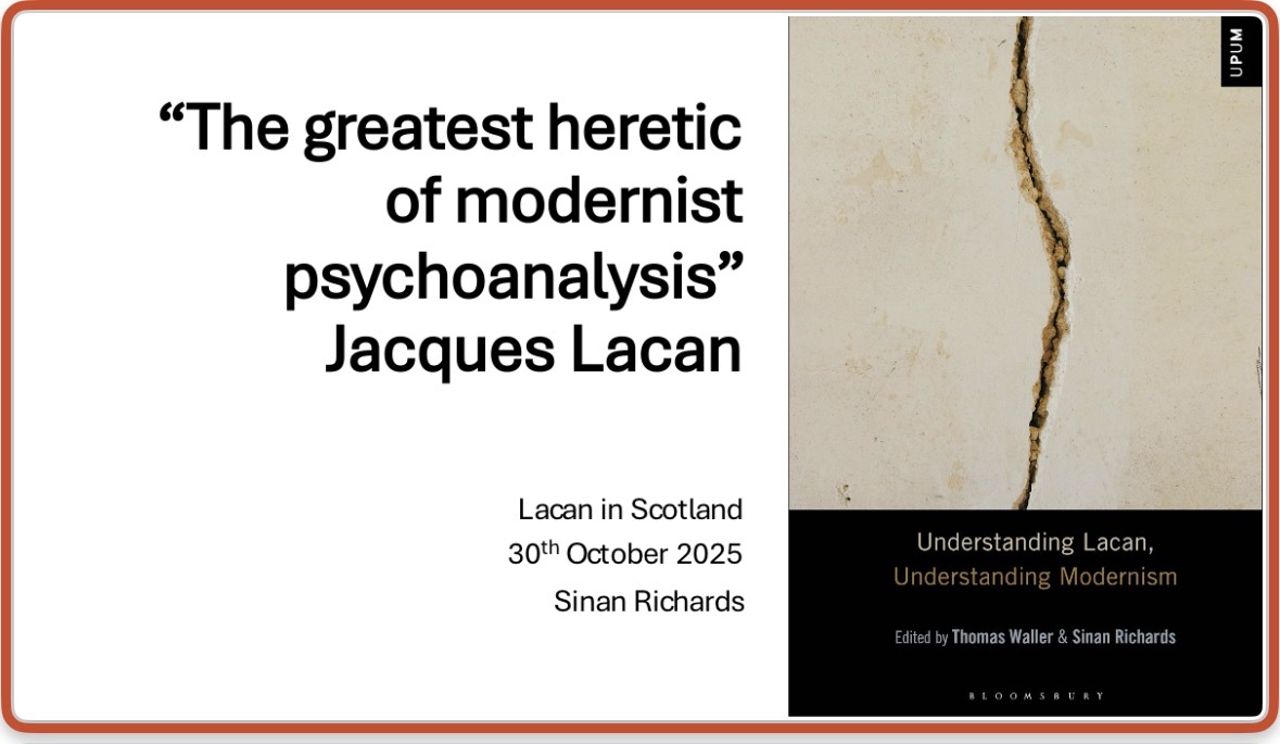 About to go on <a href="/LacanInScotland/">Lacan in Scotland</a> for a talk on Understanding Lacan, Understanding Modernism with <a href="/thomasowaller/">thomas waller</a>. Feel free to join and share your thoughts, too.