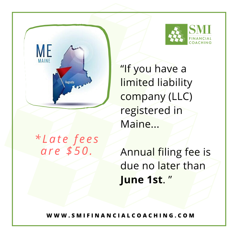 If you have a limited liability company (LLC) registered in #Maine, your annual report and filing fee are due by June 1st. Late fees are $50. #smallbusiness #finances
