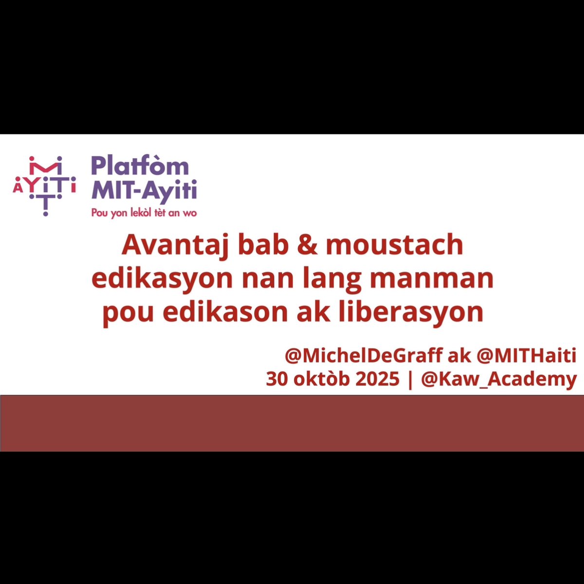 Repost * Kaw Academi on IG * Pou komemore jounen entènasyonal lang kreyòl 28 oktòb, nou envite w vin patisipe nan 2yèm epizòd lodyans jedi 30 oktòb 2025 6-8pm ak <a href="/MichelDeGraff/">Michel DeGraff</a> Lengwis-Pwòf <a href="/MIT/">Massachusetts Institute of Technology (MIT)</a> Ko-Fondatè/Ko-Direktè <a href="/MITHaiti/">MIT-Haiti Initiative / Inisyativ MIT-Ayiti</a> Manm <a href="/Akademi_Kreyol/">Akademi Kreyòl Ayisyen</a> : us06web.zoom.us/webinar/regist…