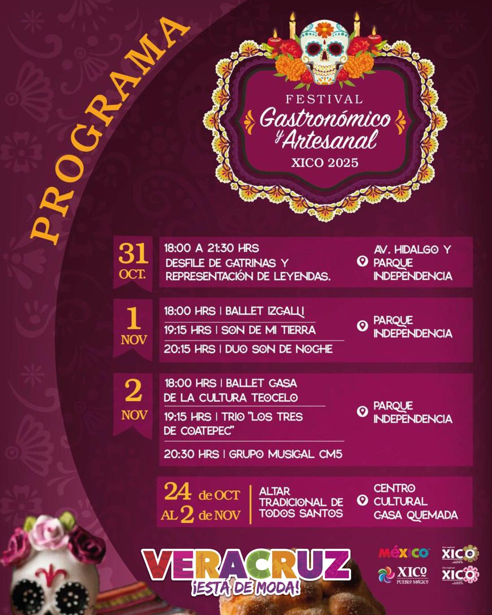 🎨🌮 ¡Xico te espera con los brazos abiertos!

Del 31 de octubre al 2 de noviembre, explora el Festival Gastronómico y Artesanal 2025: prueba delicias locales, disfruta los desfiles y danzas en vivo. 

Celebra la cultura, el sabor y la creatividad única de nuestro Veracruz. ✨