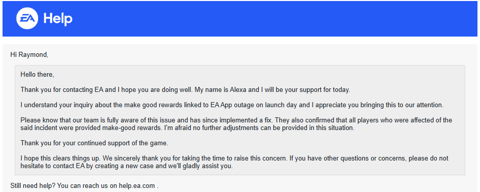 raymdl's tweet photo. @DevilsCoachBot @EAHelp @EA @BattlefieldComm @Battlefield I got this response today, looks like we are SOL. https://t.co/K51XgjzSHU