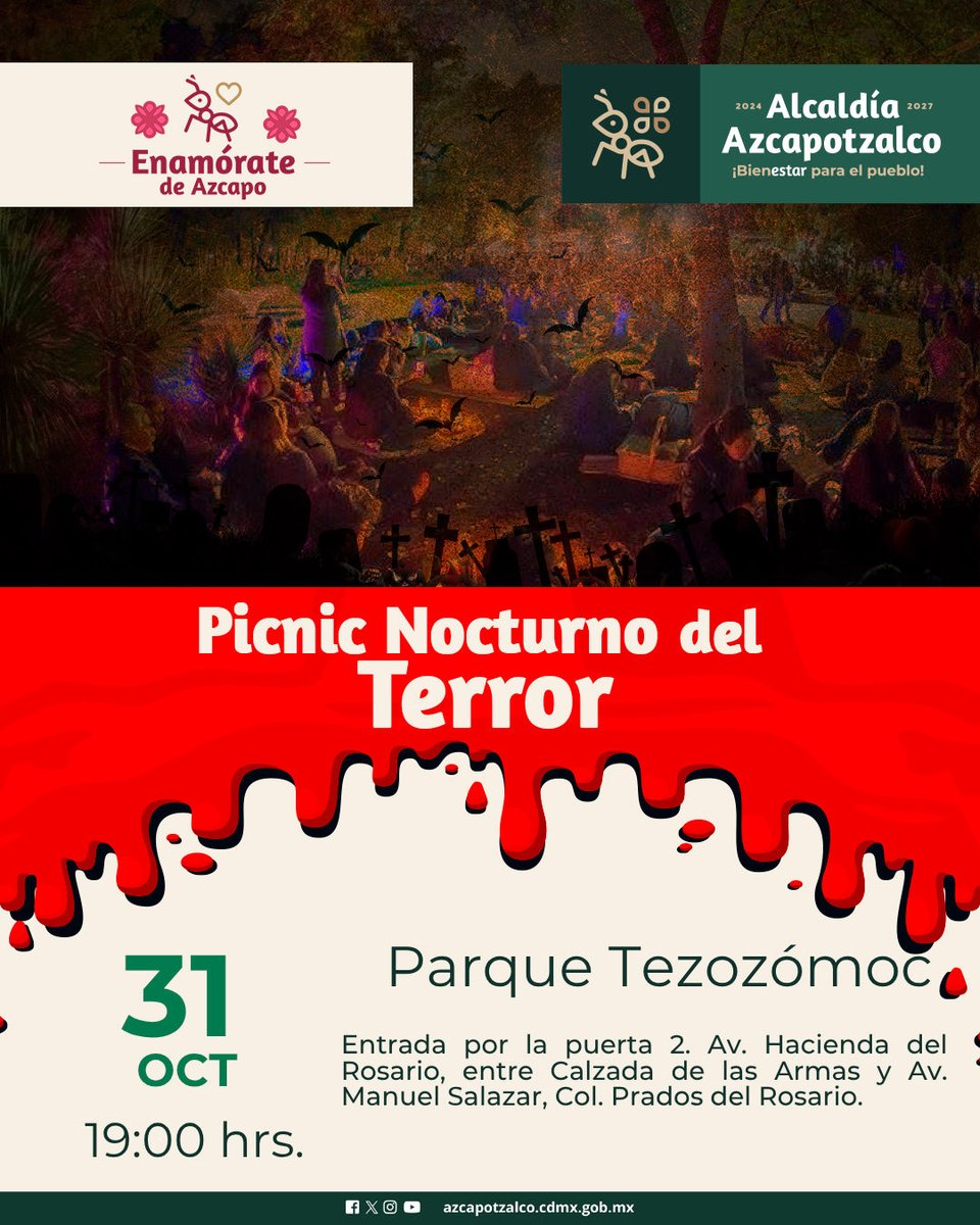 🎃🌕 ¡Azcapo se llena de misterio!
Este 31 de octubre ven al #PicnicNocturno del Terror en el #ParqueTezozómoc 👻✨

Prepárate para una noche de historias, sustos y diversión bajo las estrellas.
Trae tu manta, tus amigos y muchas ganas de pasarla bien (si te atreves 😱).

🕖