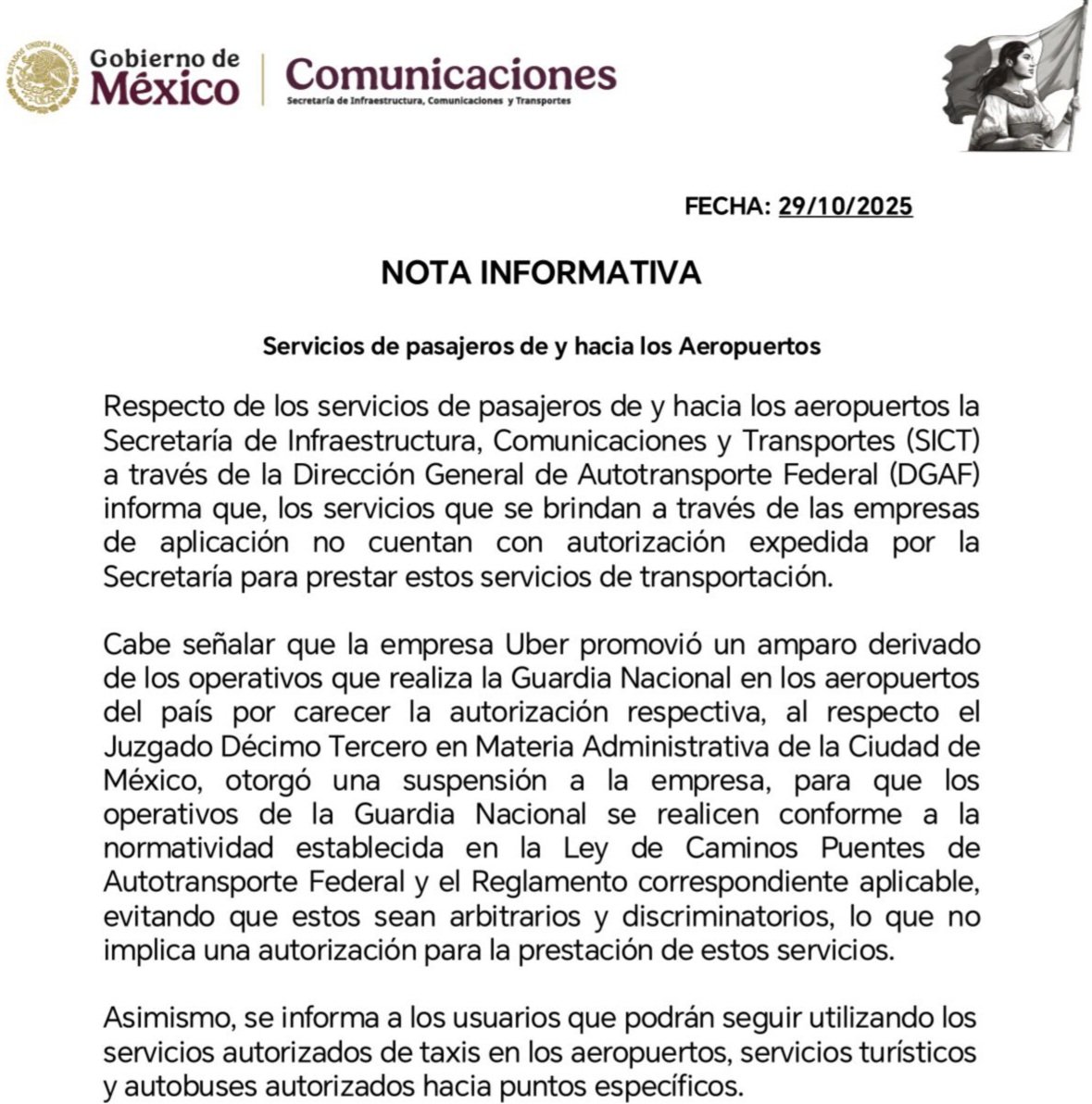 La Secretaría de Infraestructura, Comunicaciones y Transportes (SICT) informó que el servicio de #transporte particular por aplicación 🚕 #Uber no cuenta con autorización para operar en ningún #aeropuerto ✈️ de #México 🇲🇽, debido a que no está registrado ni regulado como servicio