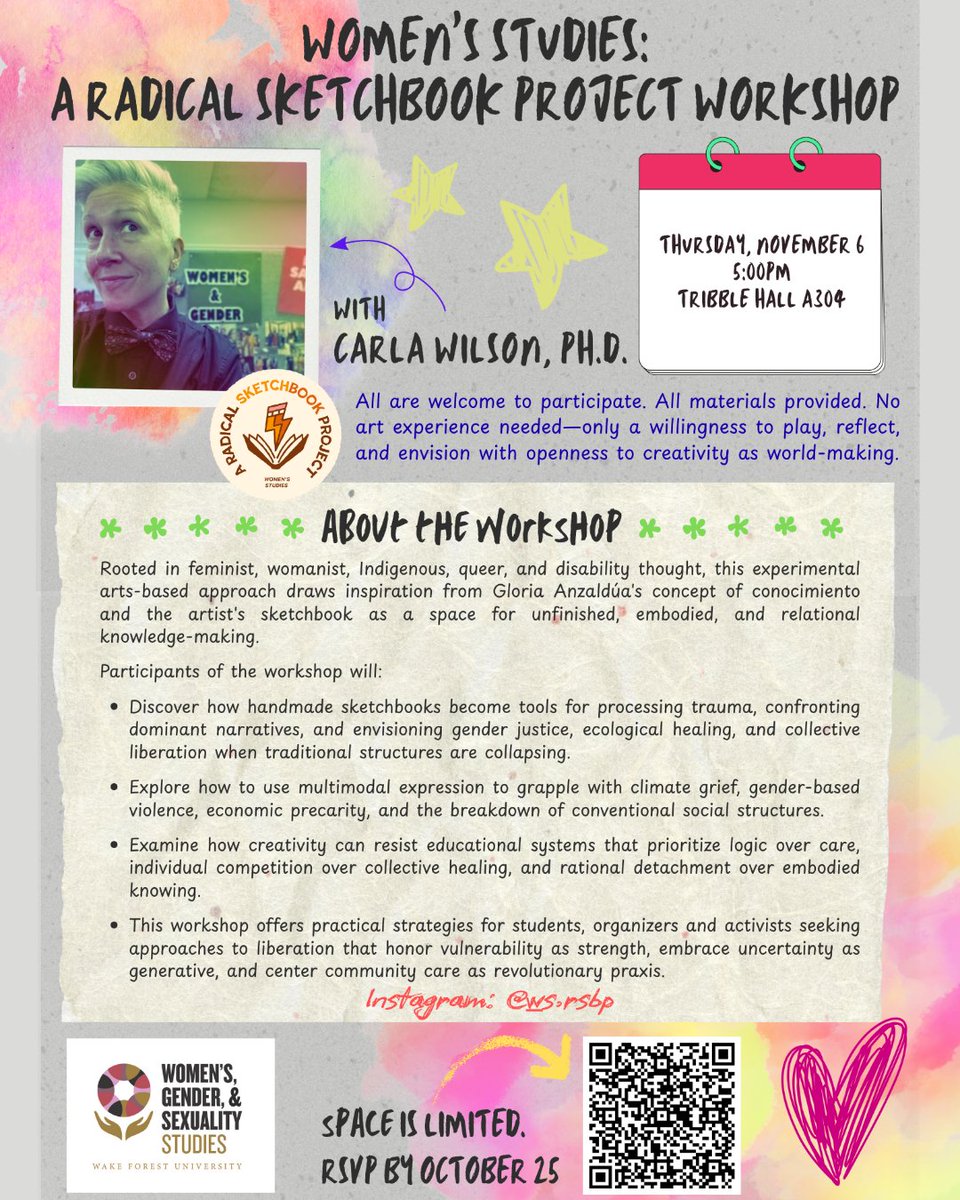 wfuwgss's tweet image. Next week 🎊 

Thursday, Nov. 6: Women&apos;s Studies: A Radical Sketchbook Project Workshop. All are invited and no experience required. Registration: events.wfu.edu/event/womens-s…

Friday, Nov. 7: Lunch and learn with Dr. Carla Wilson @WFUwomenscenter, 12pm. No registration required.