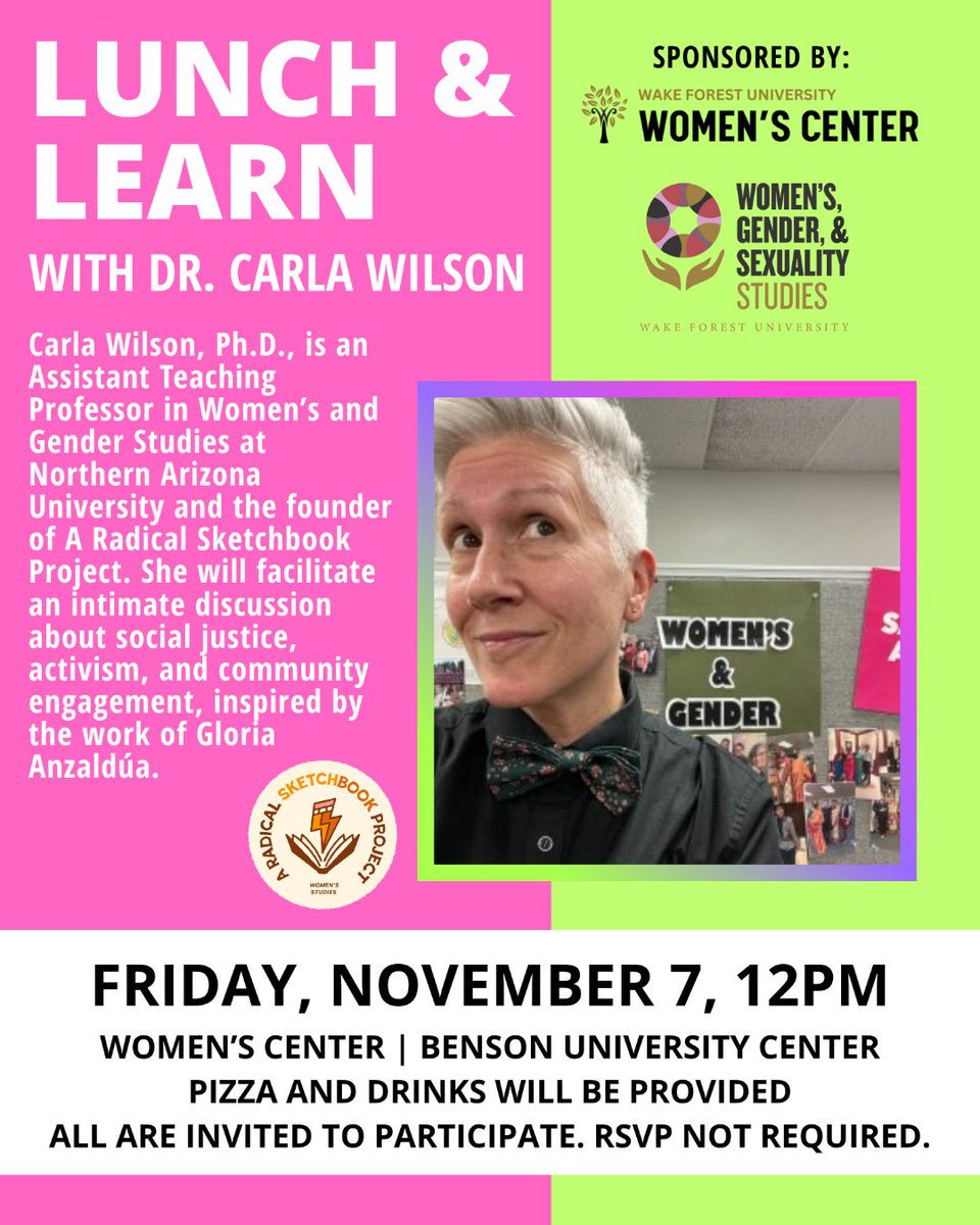 wfuwgss's tweet image. Next week 🎊 

Thursday, Nov. 6: Women&apos;s Studies: A Radical Sketchbook Project Workshop. All are invited and no experience required. Registration: events.wfu.edu/event/womens-s…

Friday, Nov. 7: Lunch and learn with Dr. Carla Wilson @WFUwomenscenter, 12pm. No registration required.