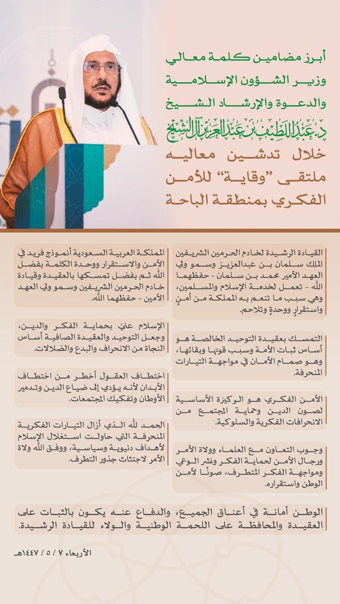 أبرز مضامين كلمة معالي وزير الشؤون الإسلامية والدعوة والإرشاد الشيخ الدكتور عبداللطيف بن عبدالعزيز آل الشيخ خلال تدشين معاليه ملتقى “وقاية” للأمن الفكري بمنطقة الباحة.