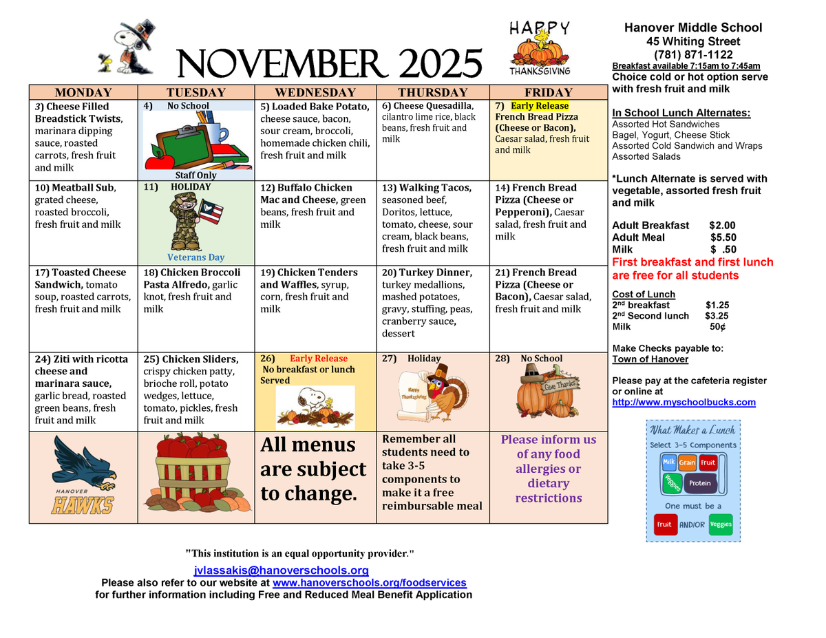 Explore the Hanover Public Schools lunch menus for November 2025. Look at your school's offerings and discover delightful options for a satisfying meal! Bon appétit! 🥪🍕🥦🍎

For additional information, visit HanoverSchools.org/FoodServices