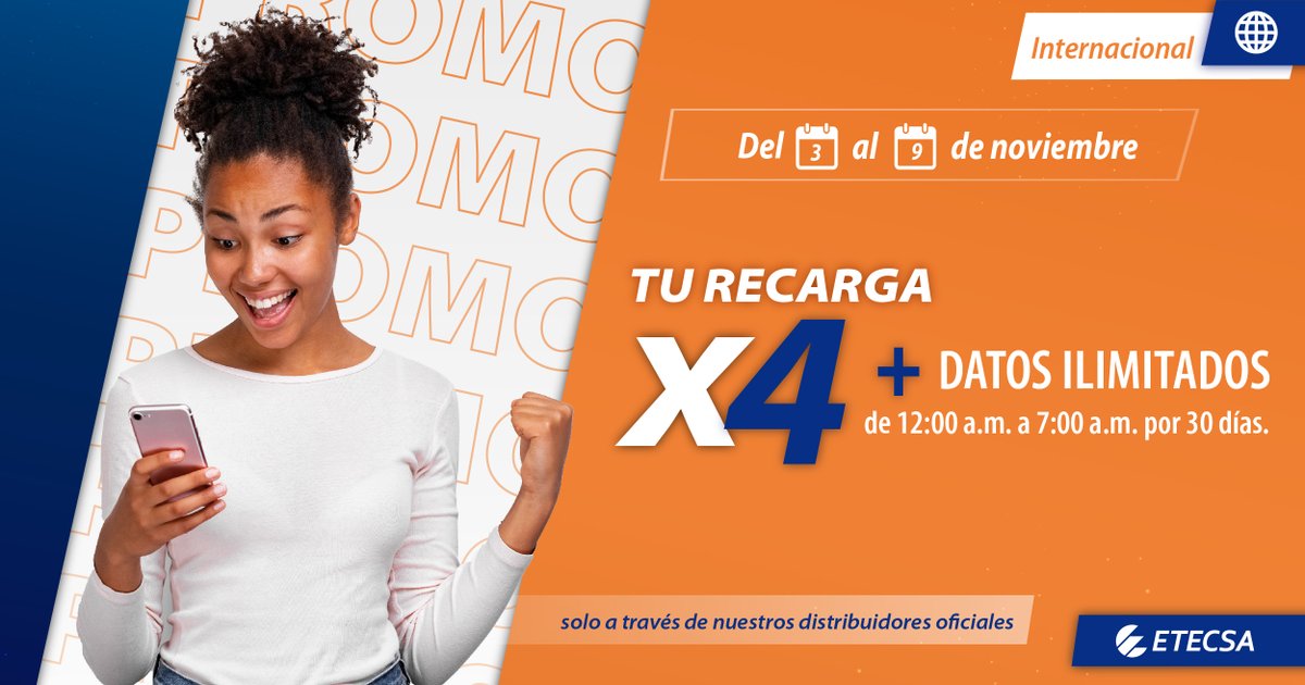 ¡Nueva promo! Del 3 al 9 de noviembre, si recibes una recarga  desde 600 CUP hasta 1250 CUP  multiplicarás por  4 el monto de dinero recargado en tu saldo principal y recibirás datos ilimitados de 12:00 a.m. a 7:00 a.m. 
Más en  etecsa.cu     #RecargaInternacional