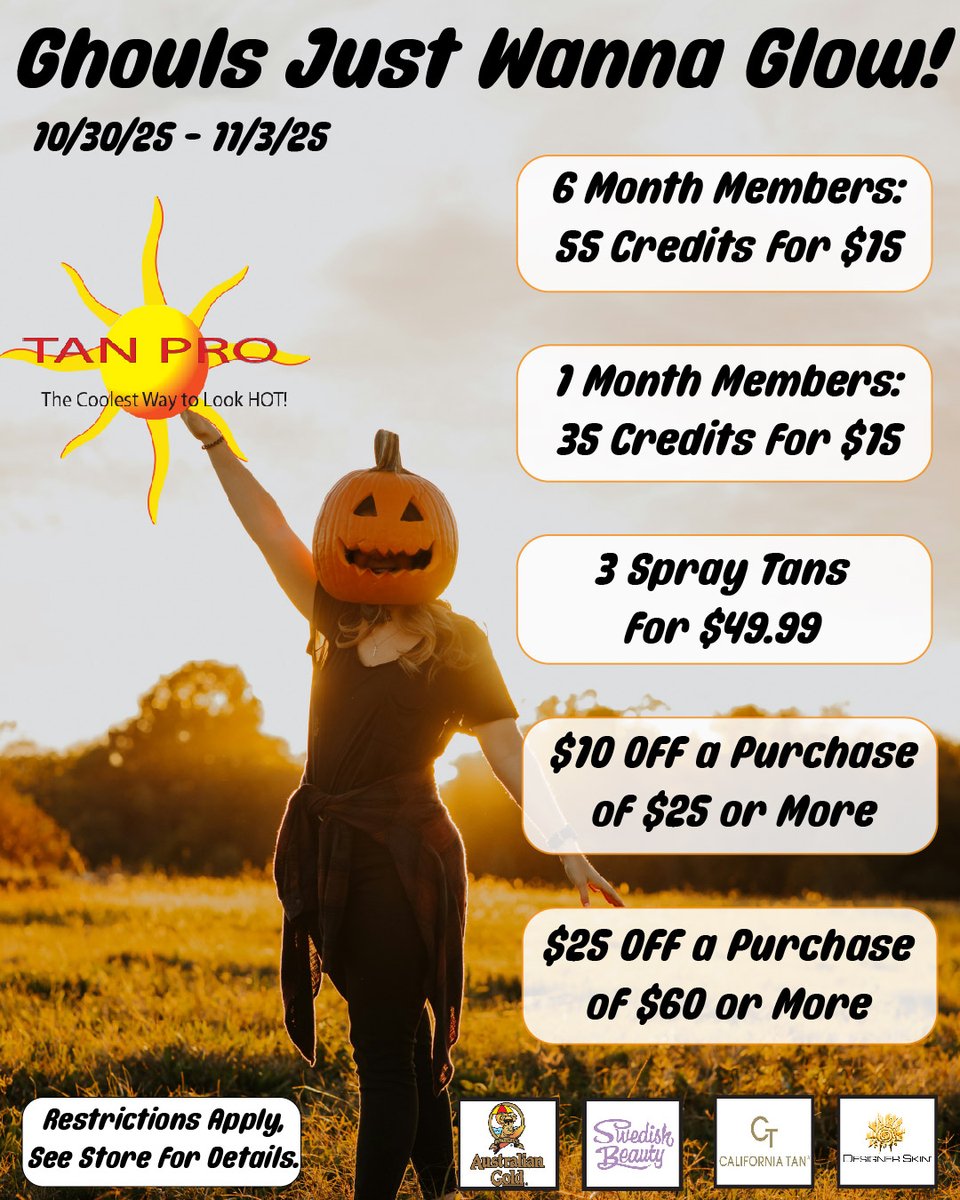 TanProUSA's tweet photo. Stop into Tan Pro until Monday, 11/3/25, for spooktacular savings!
🎃 Upgrade Credits for Members!
🎃 Discounted Spray Tans!
🎃 UP TO $25 Off a purchase!

#tanprousa #tanpro #halloweensale #paleisscary #bronze #tan #tanning #ohiotanning #spraytans #sunless #uv #tanningsalon https://t.co/thuzJWNb1i