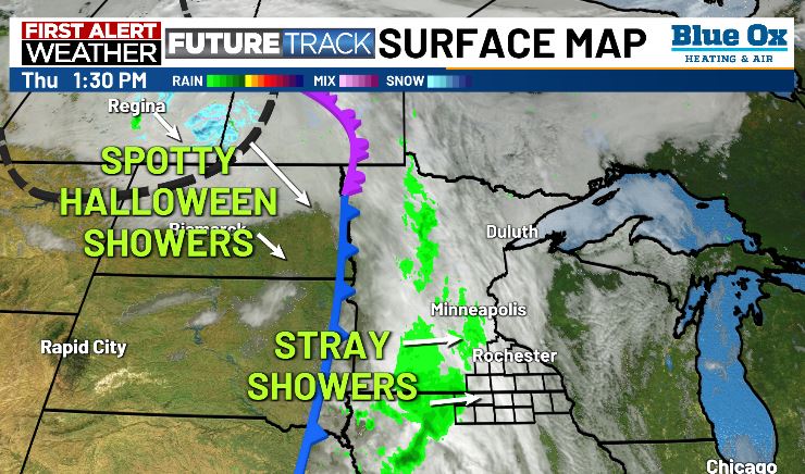 A few stray showers or sprinkles are possible later today. Another round of spotty showers, possibly even mixed with snowflakes, can be expected on Halloween. Warmer weather returns next month. Click here for details. kttc.com/weather/