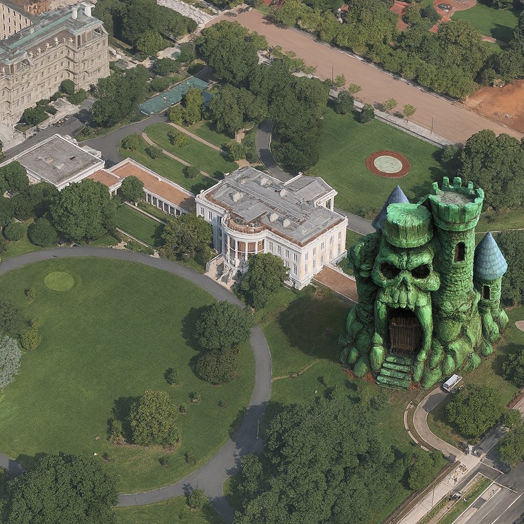 fullsteamdes's tweet photo. Newly released photos of the White House remodel show that Castle Grayskull has replaced the East Wing https://t.co/NQrKxx1vWe