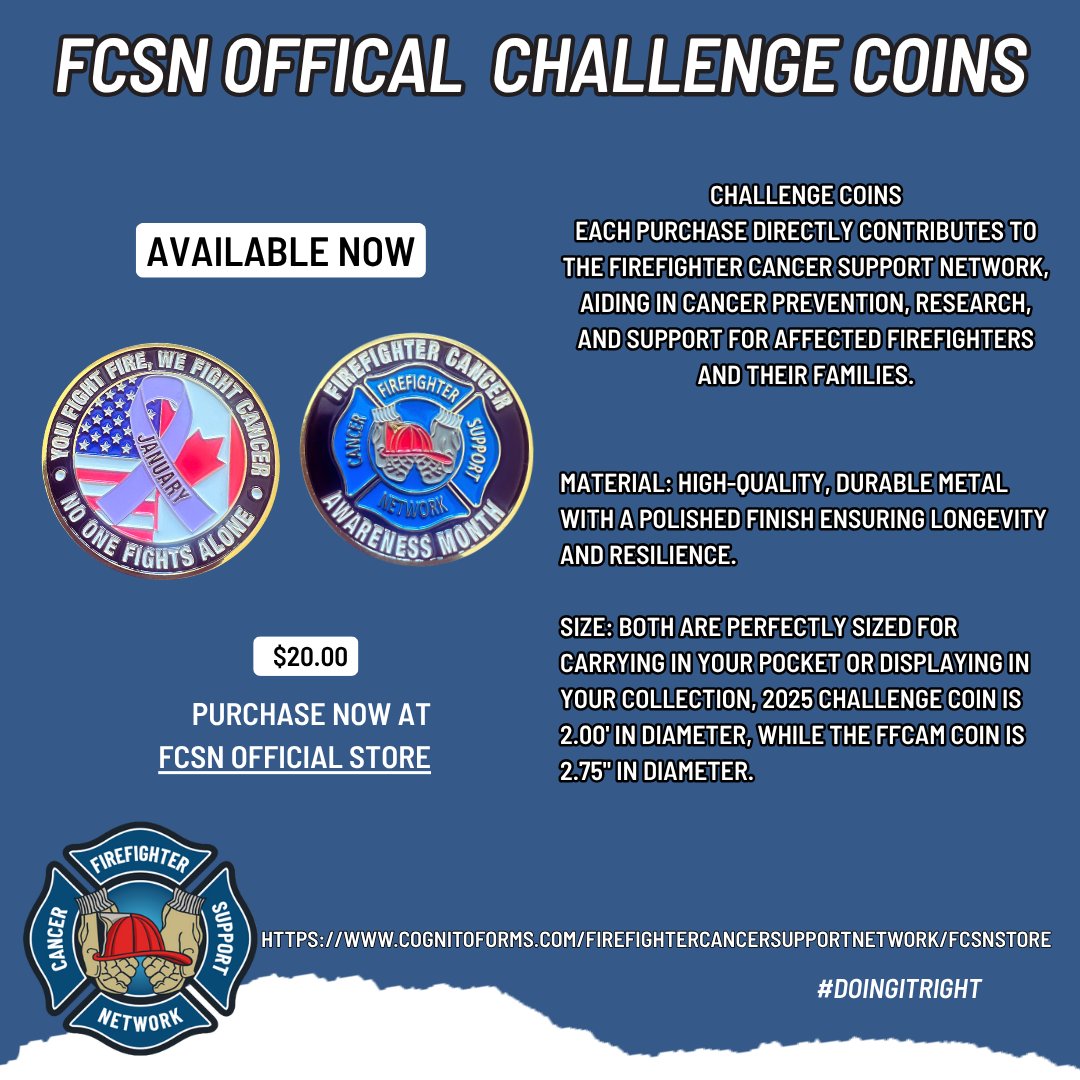 FCSNnational's tweet image. The wait is over! 🔥
Our 2025 FFCAM Challenge Coins are now available.
Every coin purchased helps FCSN support firefighters battling cancer.
🎗️ Order here ➡️ cognitoforms.com/FirefighterCan…

#FCSN #FFCAM #ChallengeCoin