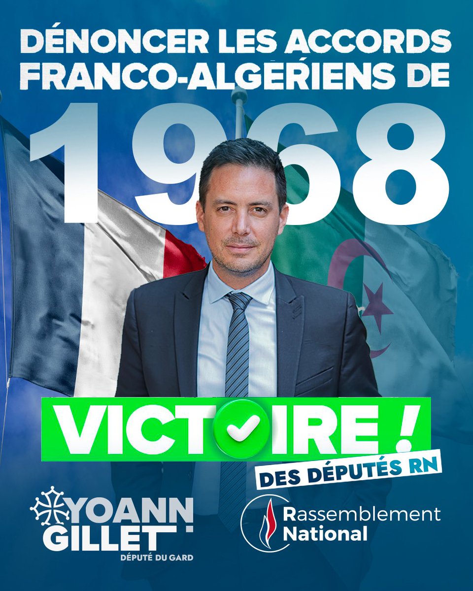 🔵 Dénonciation des accords franco-algériens de 1968 : votée ! ✅
Le texte présenté par le <a href="/RNational_off/">Rassemblement National</a> a été adopté à l’Assemblée nationale, malgré l’absence de nombreux députés LR !

Cette première victoire marque un grand pas vers la fin de la soumission au régime d’Alger 🇫🇷