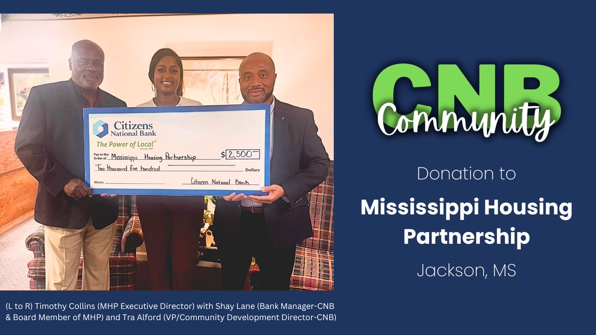 YourCNB's tweet image. 🏡 @YourCNB is proud to support Mississippi Housing Partnership in Jackson, helping provide safe, affordable housing for those in need. 💙 Everyone deserves a place to call home. #PowerOfLocal #CNBDonation
