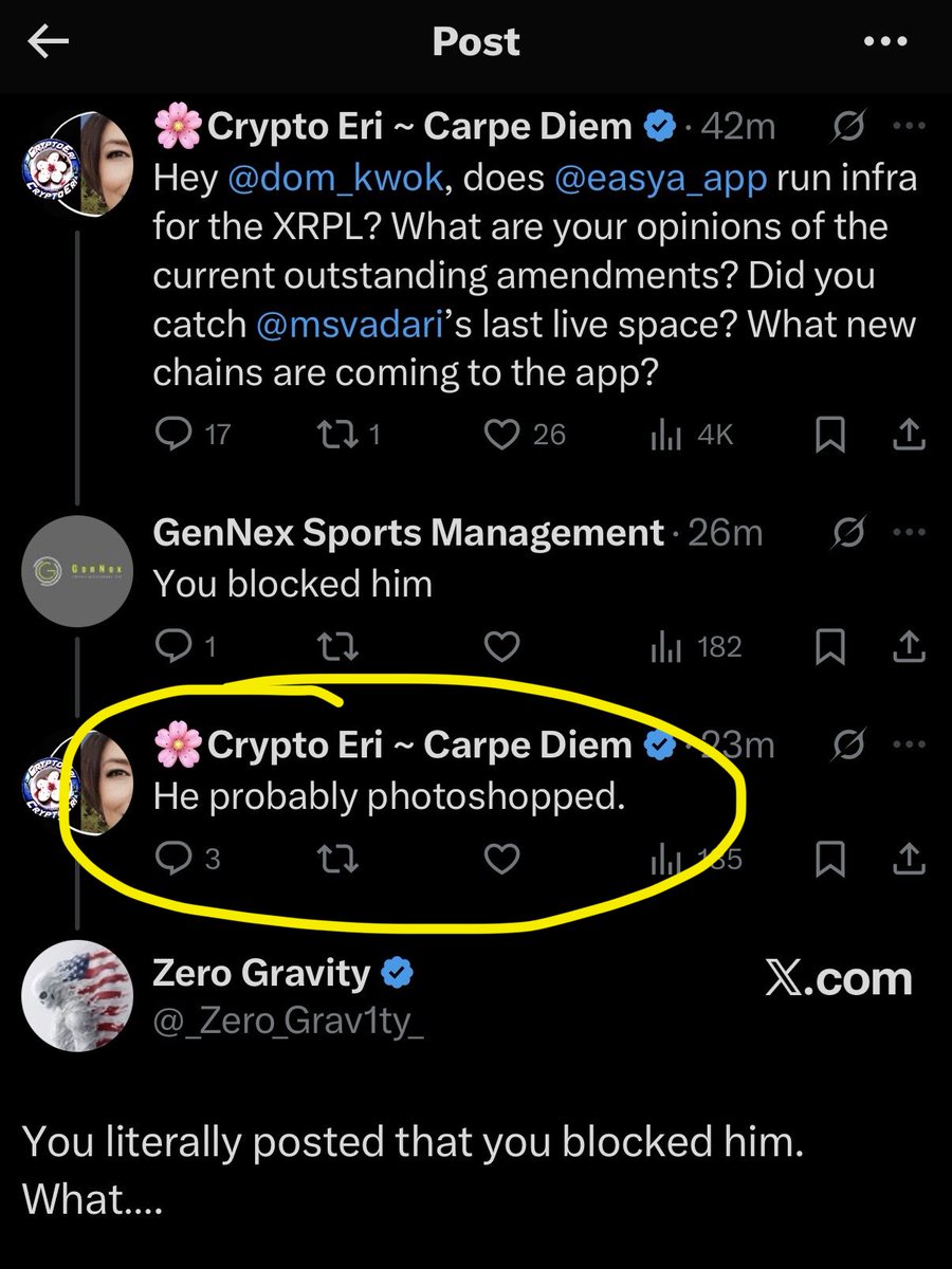 dom_kwok's tweet image. Crypto Eri must be one of the most dishonest people in crypto.

A few hours ago she blocked me and then now claims I “photoshopped” it. 

She’s either a liar or perhaps too old to remember she blocked me.

I don’t normally concern myself with “influencers” well past their prime…