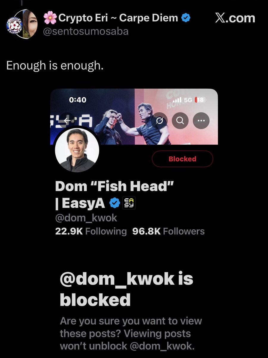 dom_kwok's tweet image. Crypto Eri must be one of the most dishonest people in crypto.

A few hours ago she blocked me and then now claims I “photoshopped” it. 

She’s either a liar or perhaps too old to remember she blocked me.

I don’t normally concern myself with “influencers” well past their prime…