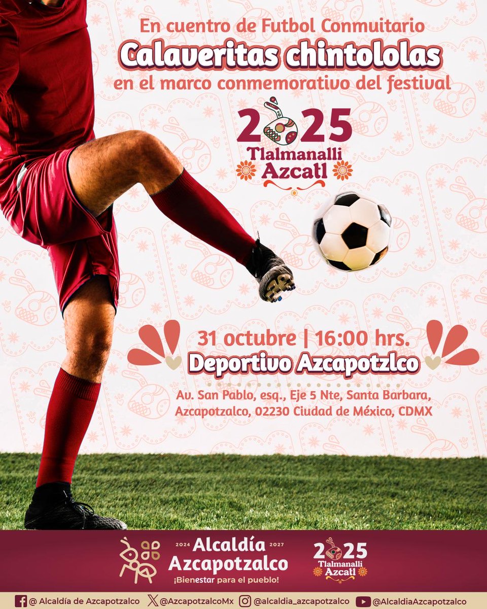 ⚽💀 ¡El espíritu del #TlalmanalliAzcatl también se vive en la cancha!

Este 31 de octubre a las 16:00 hrs, acompáñanos al Encuentro de Futbol Comunitario “Calaveritas Chintololas” en el Deportivo Azcapotzalco. 🏟️

Un partido lleno de energía, tradición y orgullo chintololo,
