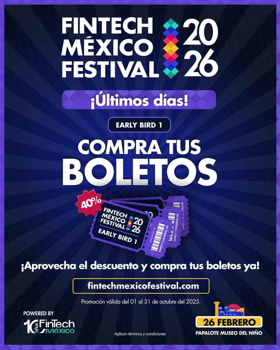 ⏳ ¡Últimos días para aprovechar el Early Bird 1!

La preventa con 40 % de descuento termina este 31 de octubre 🎟️

🚀 El #FinTechMéxicoFestival 2026 llega este 26 de febrero al Papalote Museo del Niño, donde líderes, innovadores y visionarios del sector financiero y tecnológico