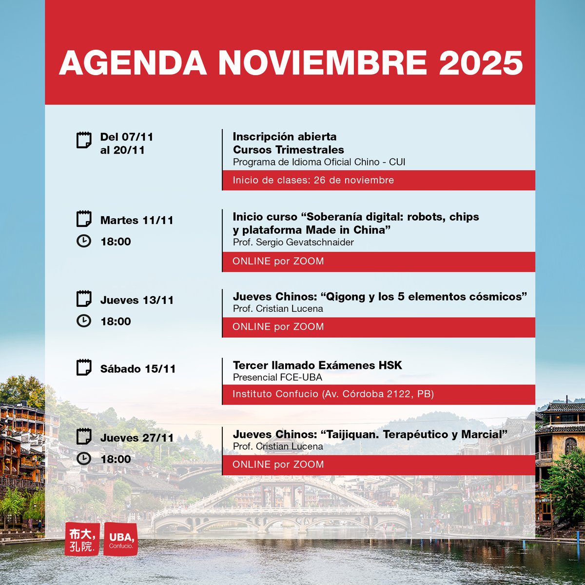 🗓️NOVIEMBRE en #UBAConfucio

👉Si te interesa participar en nuestras actividades escribinos a institutoconfucio@uba.ar para recibir más información. 

#CulturaChinaEnUBAConfucio
#在布大孔院体验中国文化

<a href="/CUI_oficial/">CUI oficial</a>