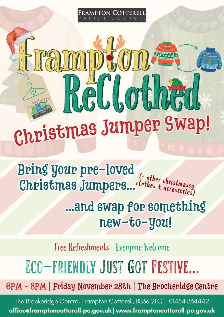 🎅♻️Frampton ReClothed Christmas Jumper Swap!
📆Date: 28/11/2025
⏰Time: 6-8PM
📌Location: The Brockeridge Centre

Eco-friendly just got festive...

framptoncotterell-pc.gov.uk/notices/frampt…

#FramptonCotterell #FramptonReClothed #ChristmasSwapping #EcoFriendly #FCPC #SouthGlos #Xmas