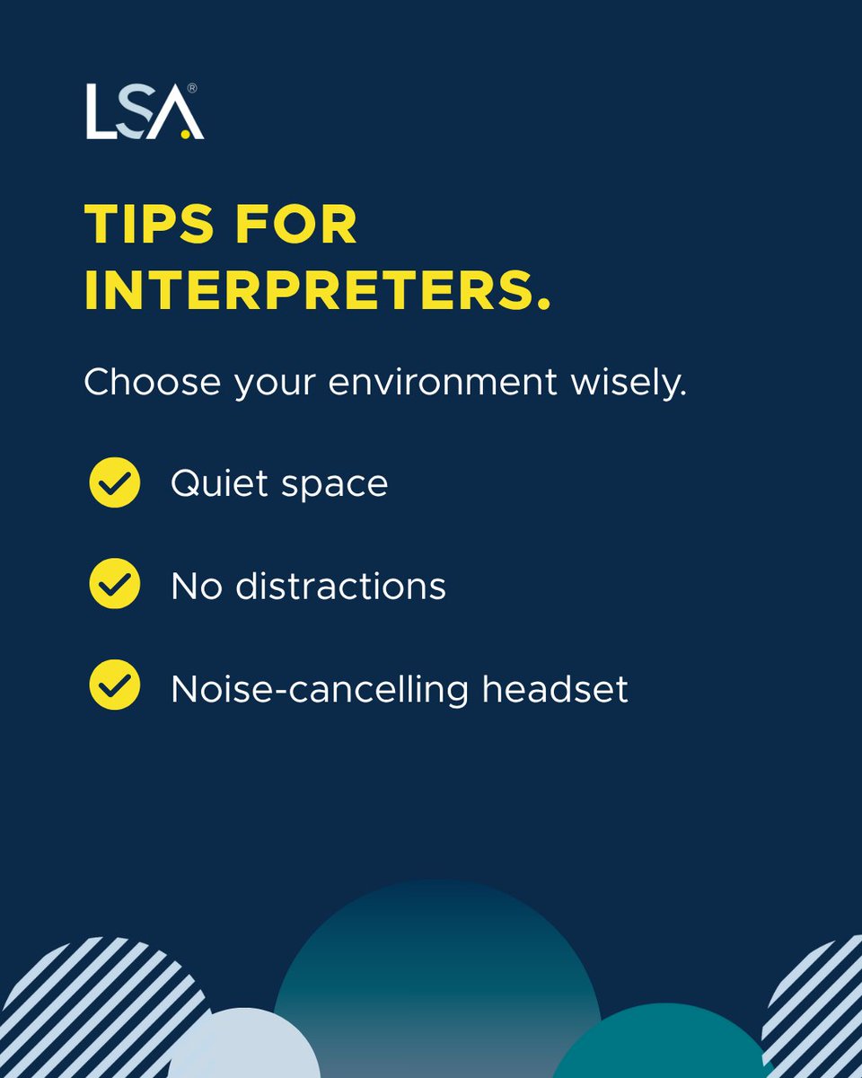 LSAWeb's tweet image. Your environment sets the tone for your performance. Choose a quiet place with minimal background noise and interruptions.

At LSA, we empower interpreters with the tools and best practices to succeed. ✨ Explore our opportunities at okt.to/retjVN

#InterpreterTips #LSA
