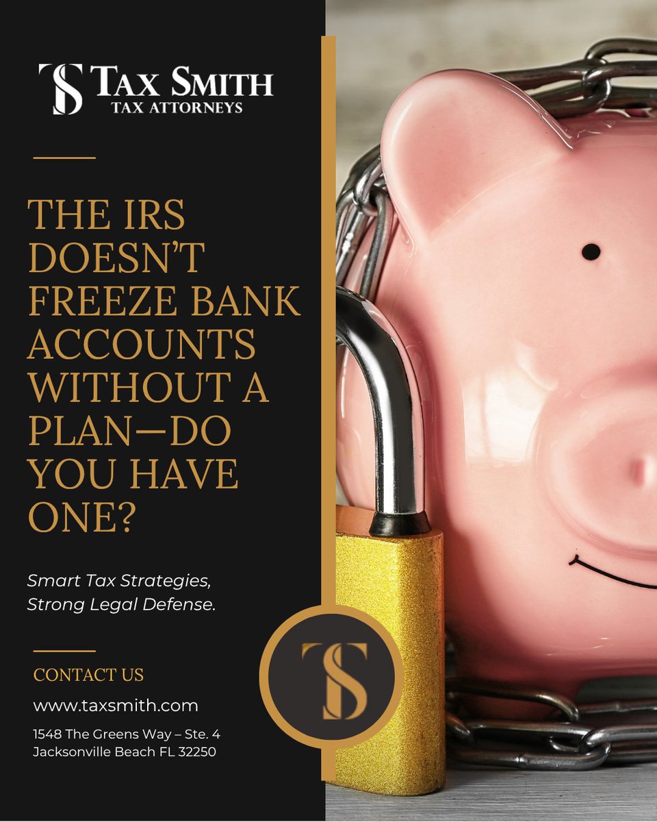 TaxSmithLaw's tweet image. Bank levies happen fast, but we respond faster. We fight to release levies, prevent repeat action, and protect your essential funds.
 
 Get help now: taxsmith.com/jacksonville-b…
 #BankLevy #IRSCollections #AssetProtection #TaxHelp