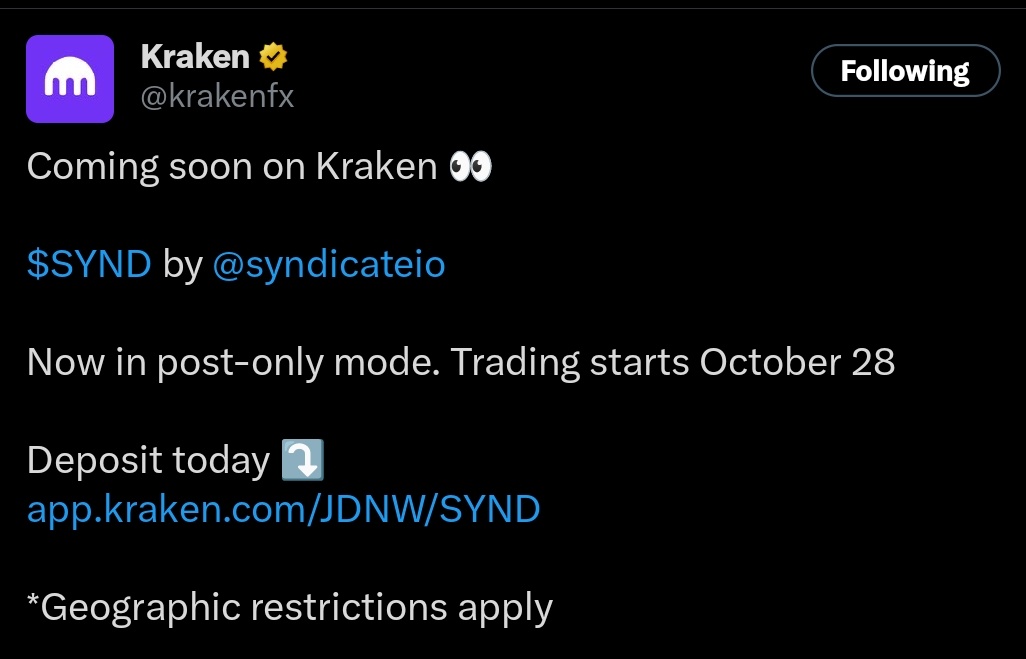 $SYND by <a href="/syndicateio/">Syndicate</a> is coming on Kraken and <a href="/Bybit_Official/">Bybit</a>

This is really big news and signals a bullish momentum for the $SYND token 

You can make deposits today and start trading!