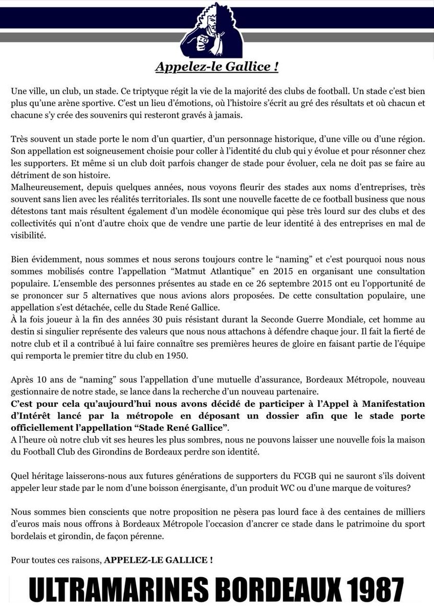 ub87officiel's tweet image. [ Communiqué] Appelez-le Gallice ! 

Contre le naming et pour une appellation populaire de notre stade, nous avons choisi de répondre à l’appel de Bordeaux Métropole. 

Notre dossier est à retrouver ici 👇

drive.google.com/file/d/1Gd5mtt…

Stade René Gallice !