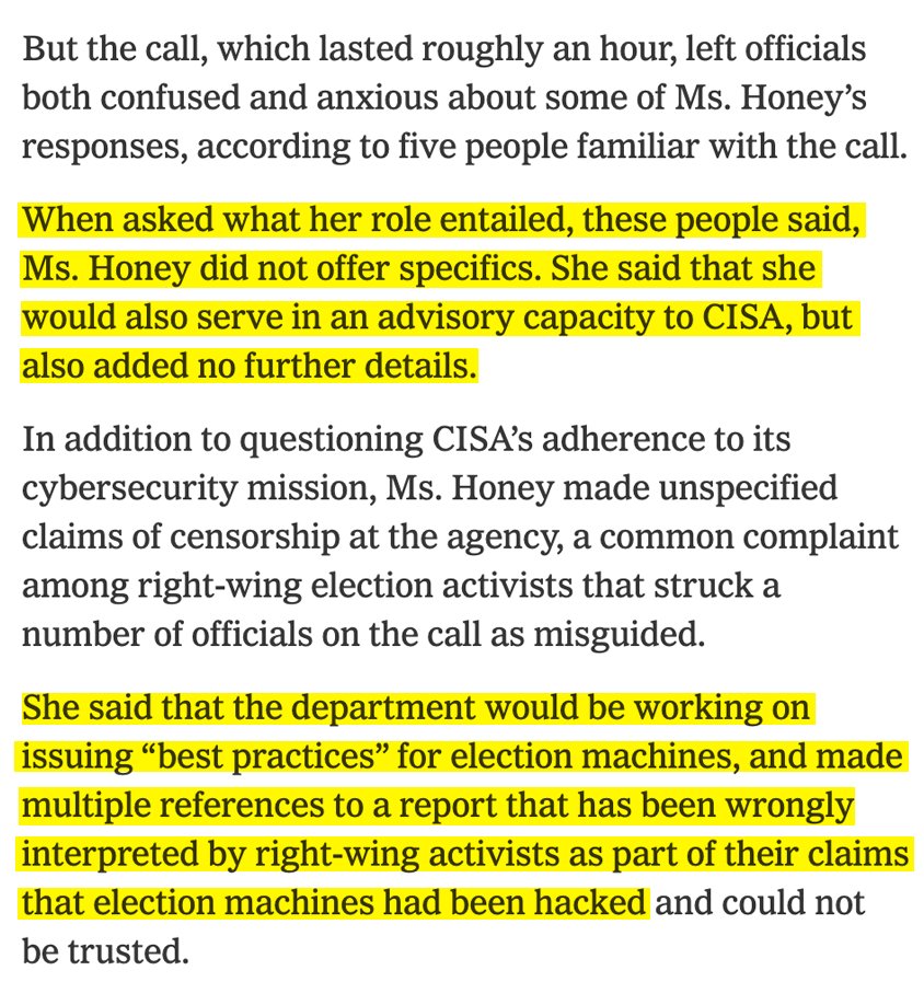 MaxFlugrath's tweet image. Heather Honey is a far-right operative who floated a fake "national emergency" to let Trump hijack elections.
Now at DHS, she's using false conspiracy theories to drive new “best practices” for voting machines…and refuses to explain what her job entails.
Smells like sabotage.