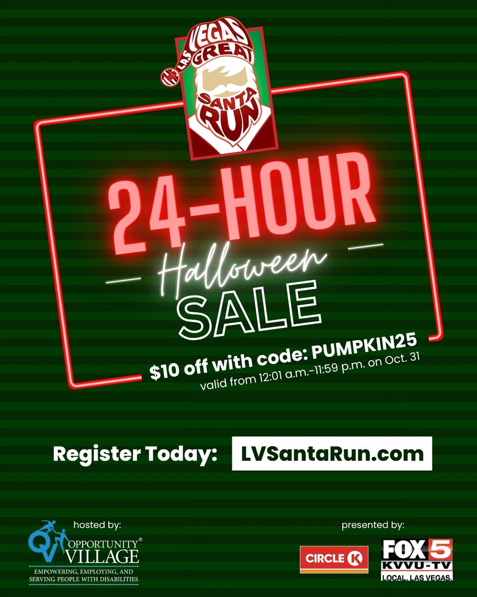 Don't Get Ghosted! 👻 Register for the Las Vegas Great Santa Run today and save!

🎅 LVSantaRun.com

Today only, use discount code PUMPKIN25 at checkout &amp; save $10 off your Las Vegas Great Santa Run registration!

🎅 LVSantaRun.com

#LVSantaRun #HalloweenSale