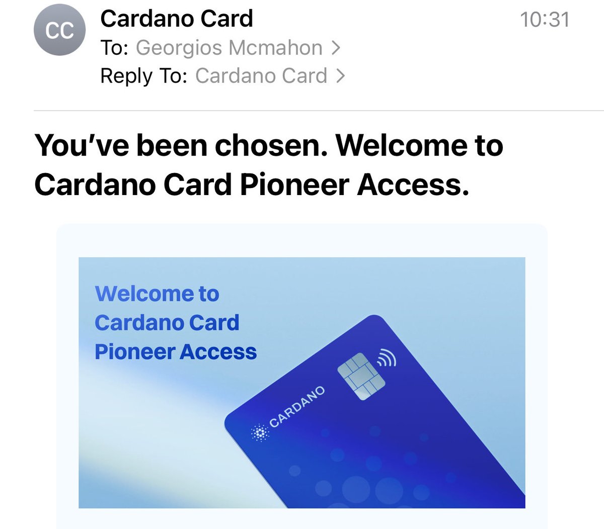 My Cardano Card is set up and ordered!

These are exciting times for the Cardano blockchain and ecosystem, we’re truly built for purpose.

Huge thanks to <a href="/cardano_card/">Cardano Card</a>, <a href="/nateacton/">nate 💳</a> and <a href="/emurgo_io/">EMURGO</a> for the Pioneer access! 🙌🏽