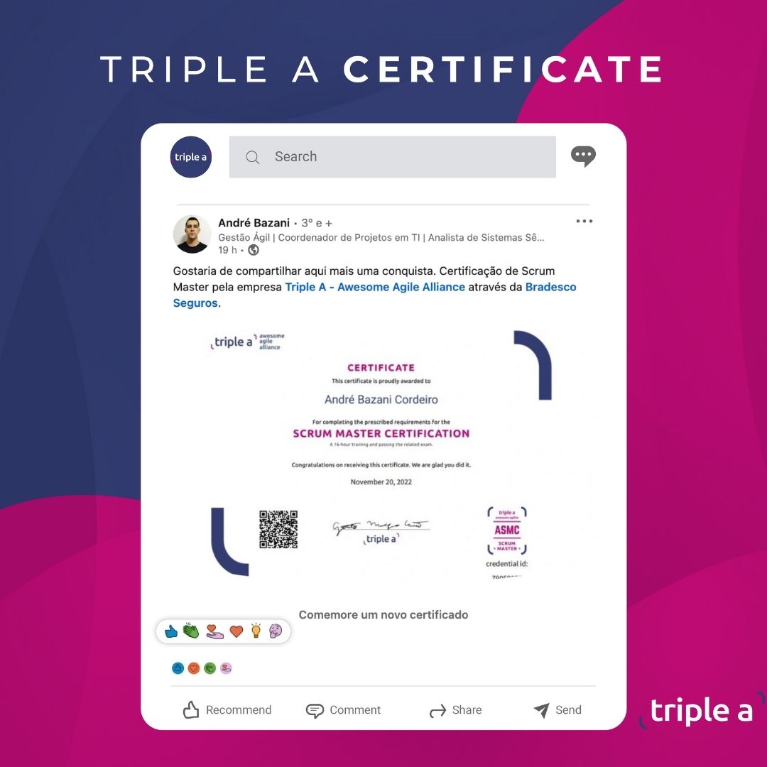 TripleA_Global's tweet image. &quot;Gostaria de compartilhar mais uma conquista. Certificação Scrum Master pela empresa Triple A - Awesome Agile Alliance através da Bradesco Seguros.&quot;

André Bazani

#productowner #scrumguide #multifuncionalidade #equipe #agilidade #agil #trabalho #responsabilidades #produtividade