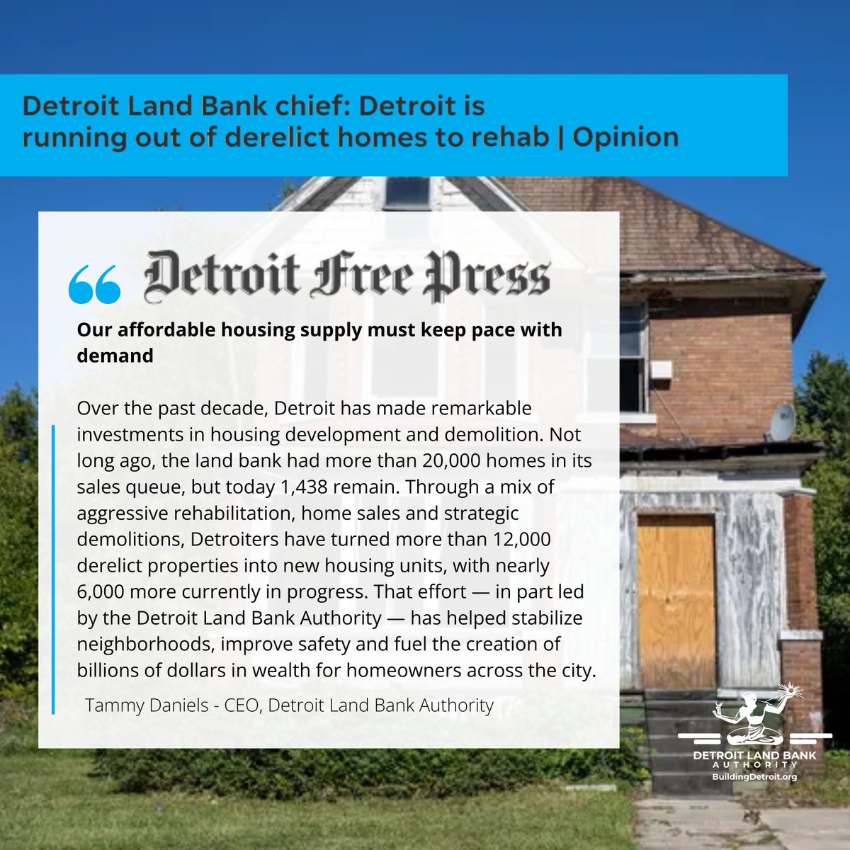 BuildingDet's tweet image. From 20,000+ vacant houses to under 1,500 today — that’s real Detroit progress 💪🏾 DLBA CEO Tammy Daniels breaks it down in her new Detroit Free Press Op-Ed on how far we’ve come and what’s next for affordable housing in the city. Read more: msn.com/en-us/money/re…