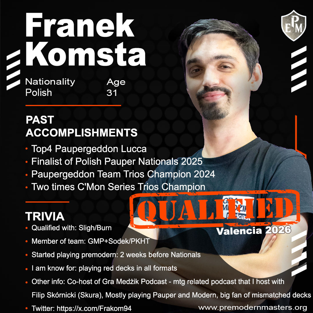The European Premodern Masters 2026 qualifiers have started and we're thrilled to announce the first eleven qualified attendees who will be competing for the coveted title of European Premodern Champion. 

Information about #epm2026 can be found on premodernmasters.org 

#mtg